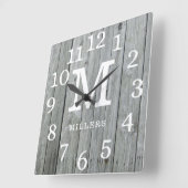 Graues Holz Große Zahlen Familienname Monogram Quadratische Wanduhr (Winkel)