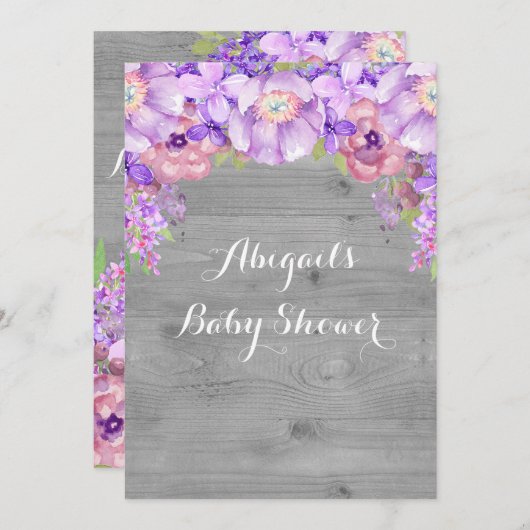 Graues Holz Lila Wasserfarbe Blume Kinderdusche Einladung (Vorne/Hinten)