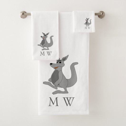Graues Känguru-Design mit Monogramm Badhandtuch Set (Insitu)