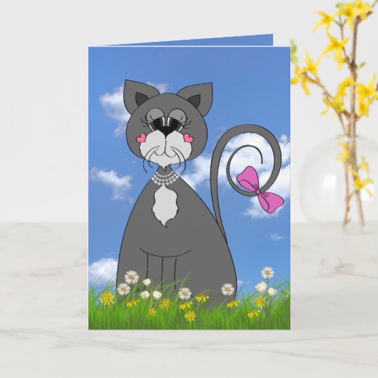 graues Kätzchen im Gras Geburtstag Karte (Gelbe Blume)