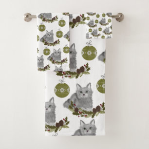 Graues Katzenmuster mit grünen Ornamenten in Wei Badhandtuch Set
