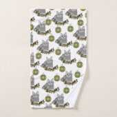 Graues Katzenmuster mit grünen Ornamenten in Weiß Badhandtuch Set (Handtuch)