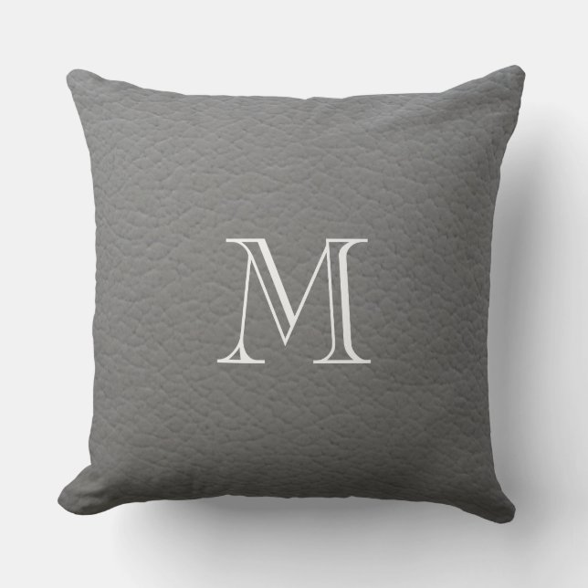 Graues ledernes Beschaffenheitsmonogramm Kissen (Vorderseite)