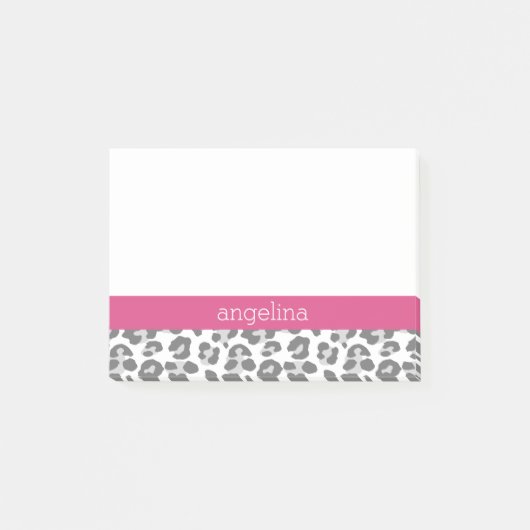 Graues Leopard-Druckmuster mit rosa Namen Post-it Klebezettel (Vorderseite)
