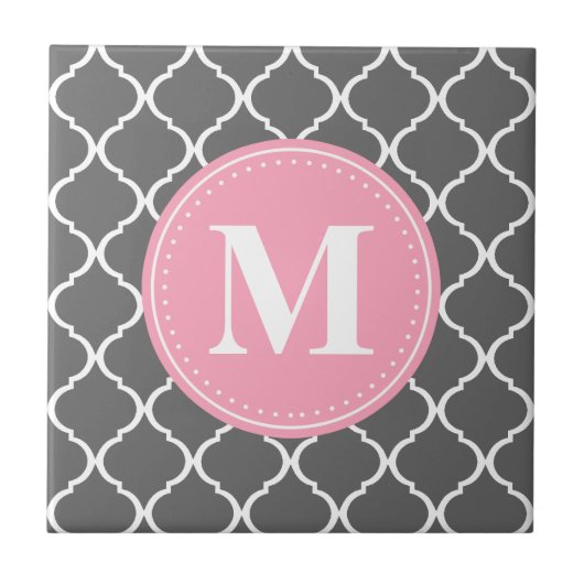Graues marokkanisches Gitter Rosa Monogramm Fliese (Vorderseite)