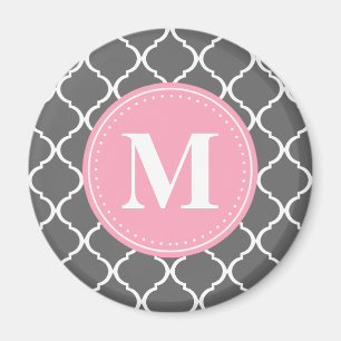 Graues marokkanisches Gitter Rosa Monogramm Magnet