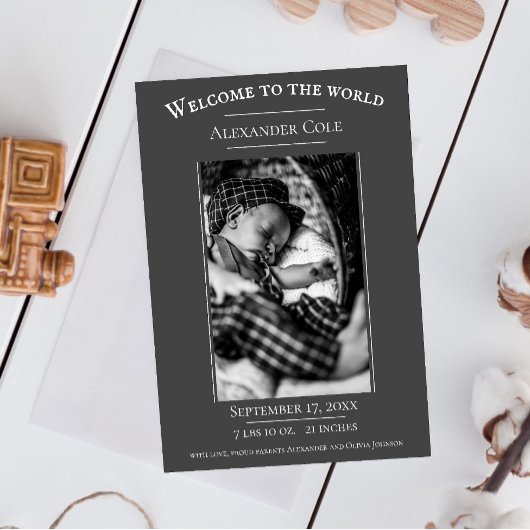 Graues Minimalistisches Foto Geburtserklärung Ankündigung