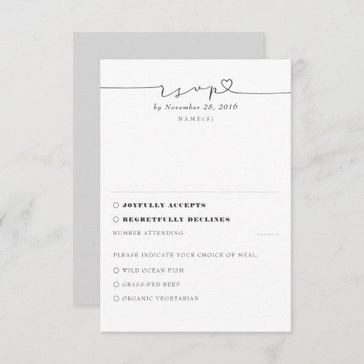 Graues modernes Minimal-Hochzeitsszenario RSVP Karte (Vorne/Hinten)