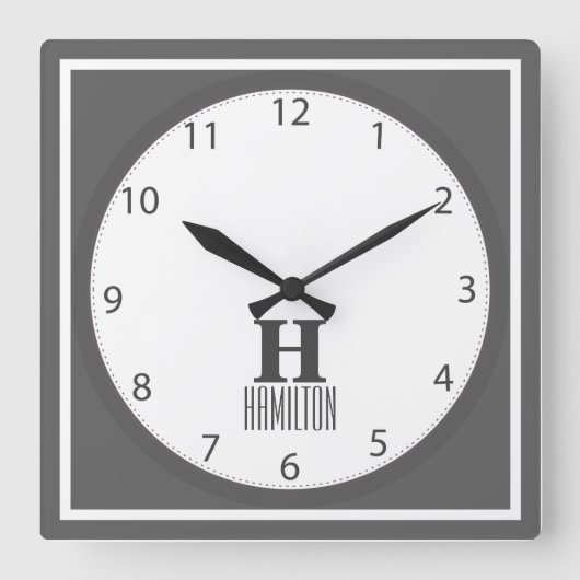 Graues modernes Monogramm Quadratische Wanduhr (Vorderseite)