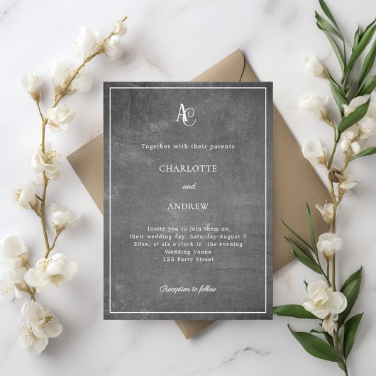 Graues modernes Monogramm rustikale Hochzeit Einladung
