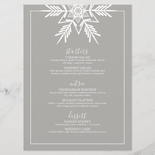 Graues, modernes WINTER WONDERLAND Hochzeitsmenü Menükarte (Vorderseite)