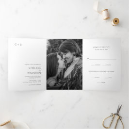 Graues Monogramm Foto Moderne Hochzeit Dreifach Gefaltete Einladung