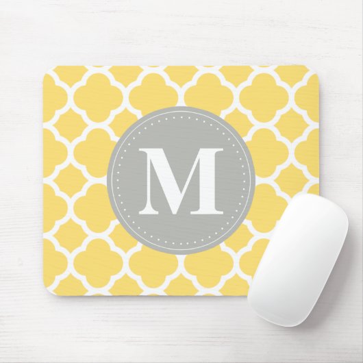 Graues Monogramm Gelbes Quatrefolienmuster Mousepad (Mit Mouse)