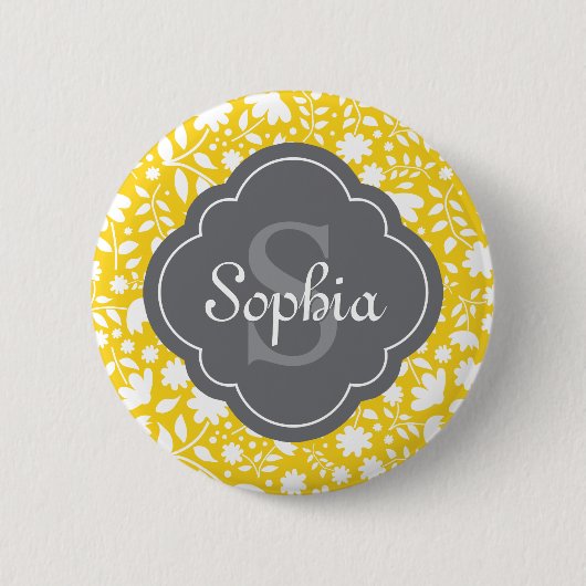 Graues Monogramm Quatrefoliengelbes Blumenmuster Button (Vorderseite)