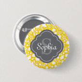Graues Monogramm Quatrefoliengelbes Blumenmuster Button (Vorne & Hinten)