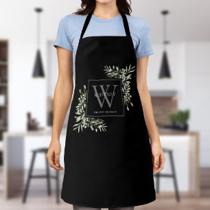 Graues Monogramm Wasserfarbe Grünzeug Blätter Schw Schürze