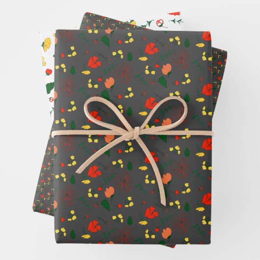 Graues Muster, rote Wildblumen, Packpapier Geschenkpapier Set (Beispiel)
