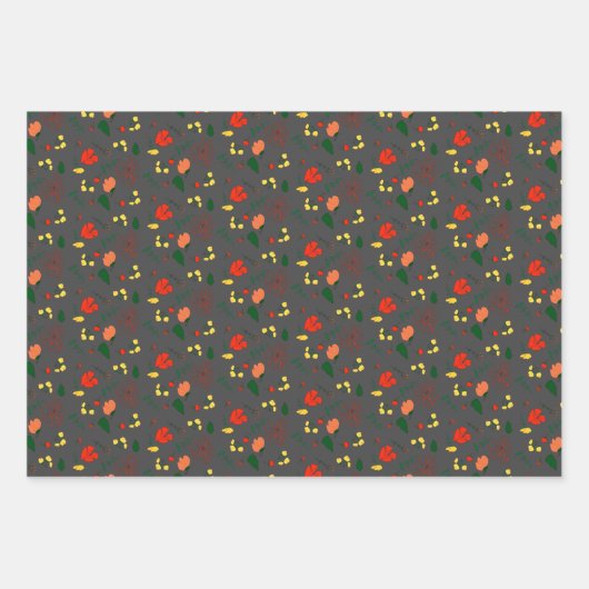 Graues Muster, rote Wildblumen, Packpapier Geschenkpapier Set (Vorderseite)