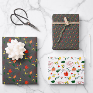 Graues Muster, rote Wildblumen, Packpapier Geschenkpapier Set