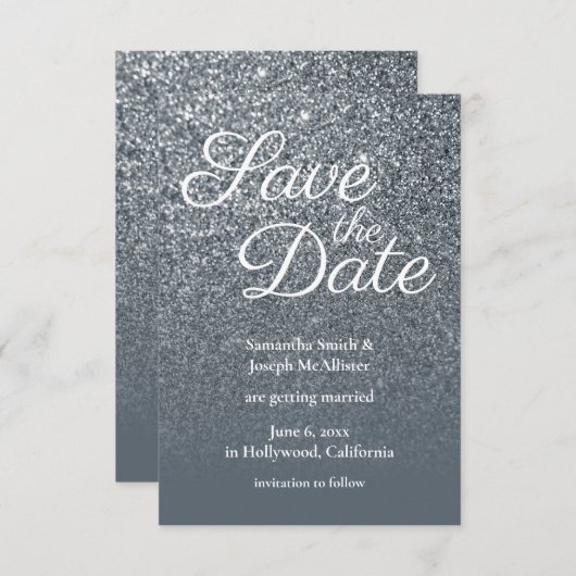 Graues Ombre Glitzer Foto Save the Date Einladung (Vorne/Hinten)