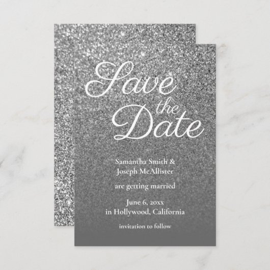 Graues Ombre Silver Glitzer Foto Save the Date Einladung (Vorne/Hinten)
