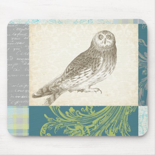 Graues Owl im Muster-Hintergrund Mousepad (Vorne)