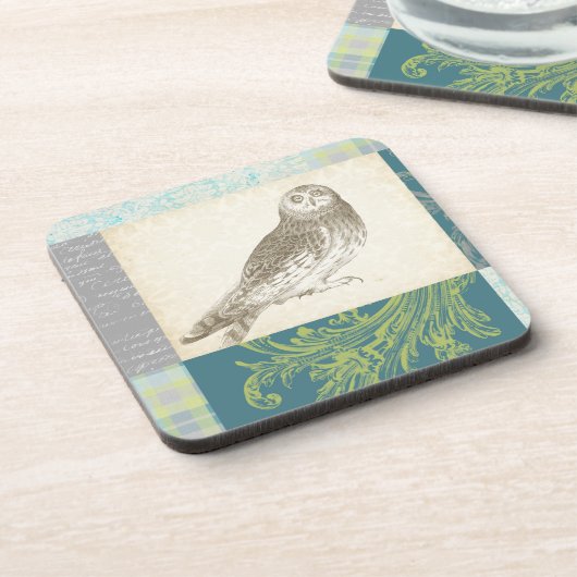 Graues Owl im Muster-Hintergrund Untersetzer (Linke Seite)