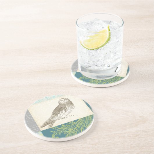 Graues Owl im Muster-Hintergrund Untersetzer (Seite)