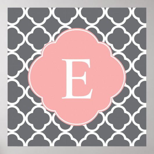 Graues Peach Quatrefoil Monogramm Poster (Vorne)
