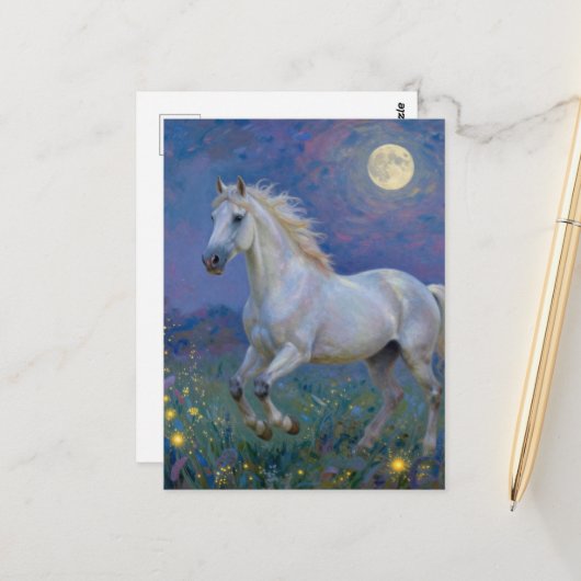 Graues Pferd bei Vollmond Postkarte (Vorderseite/Rückseite Beispiel)