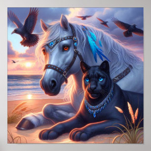 Graues Pferd schwarzer Panther Poster