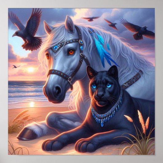 Graues Pferd schwarzer Panther Poster (Vorne)