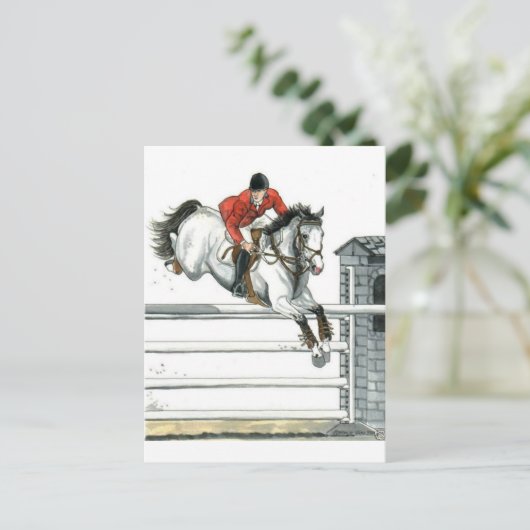 Graues Pferd über Zäune springen Postkarte (Stehend Vorderseite)