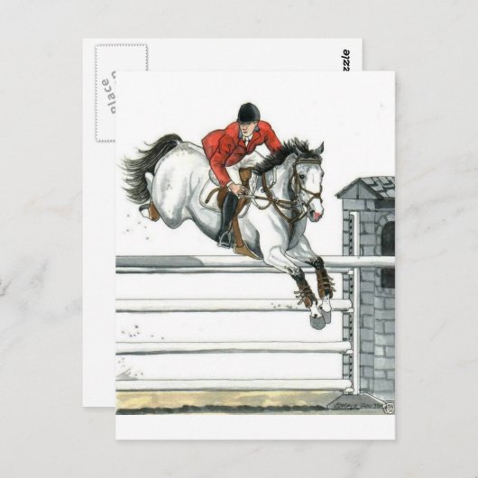 Graues Pferd über Zäune springen Postkarte (Vorne/Hinten)