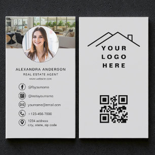 Graues QR-Code-Logo mit Foto für Immobilienmakler Visitenkarte