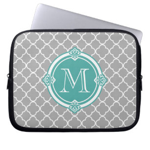 Graues Quatrefoil mit Monogramm-Minzen-Vintagem Laptopschutzhülle