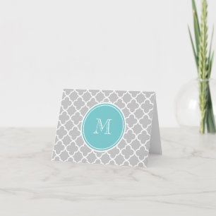 Graues Quatrefoil Muster, aquamarines Monogramm