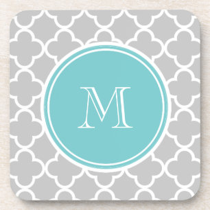 Graues Quatrefoil Muster, aquamarines Monogramm Untersetzer