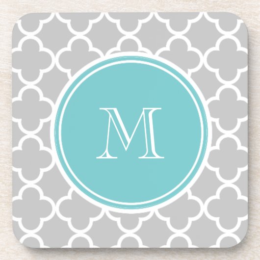 Graues Quatrefoil Muster, aquamarines Monogramm Untersetzer (Vorderseite)