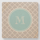 Graues Quatrefoil Muster, blaues Monogramm Steinuntersetzer (Vorderseite)