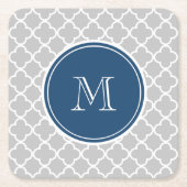 Graues Quatrefolienmuster, Navy Blue Monogram Rechteckiger Pappuntersetzer (Vorderseite)