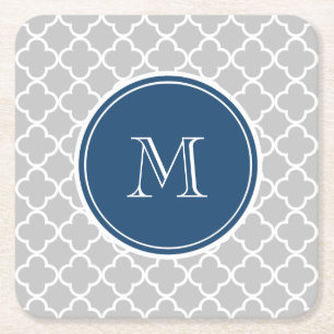 Graues Quatrefolienmuster, Navy Blue Monogram Rechteckiger Pappuntersetzer