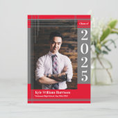 Graues Red School Color Abschluss Foto Kariert Einladung (Stehend Vorderseite)