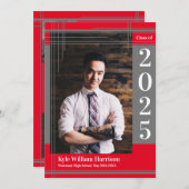 Graues Red School Color Abschluss Foto Kariert Einladung (Vorne/Hinten)