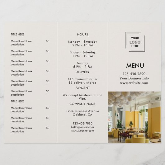 Graues Restaurant-Foto-Logo-Abholmenü-Design (Vorderseite)