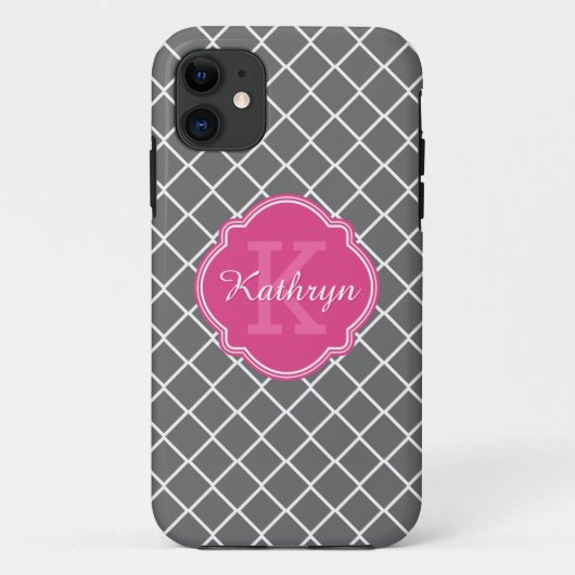 Graues, rosafarbenes Monogramm-Muster Case-Mate iPhone Hülle (Rückseite)