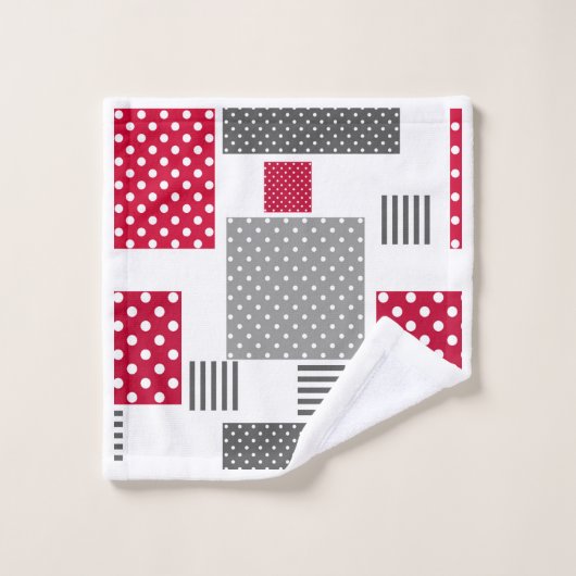 Graues rotes Polka-Dot-Patchwork auf weißem Hinter Badhandtuch Set (Waschlappen)