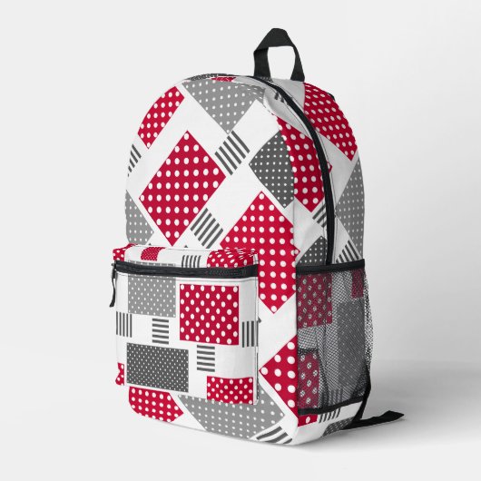 Graues rotes Polka-Dot-Patchwork auf weißem Hinter Bedruckter Rucksack (Rückseitige Ecke Rechts)