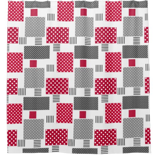 Graues rotes Polka-Dot-Patchwork auf weißem Hinter Duschvorhang (Vorderseite)
