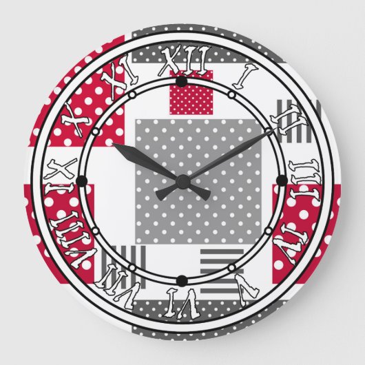 Graues rotes Polka-Dot-Patchwork auf weißem Hinter Große Wanduhr (Vorderseite)